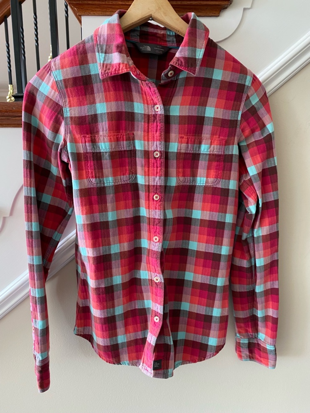 The North Face Red and Aqua Plaid Button-Up Shirt